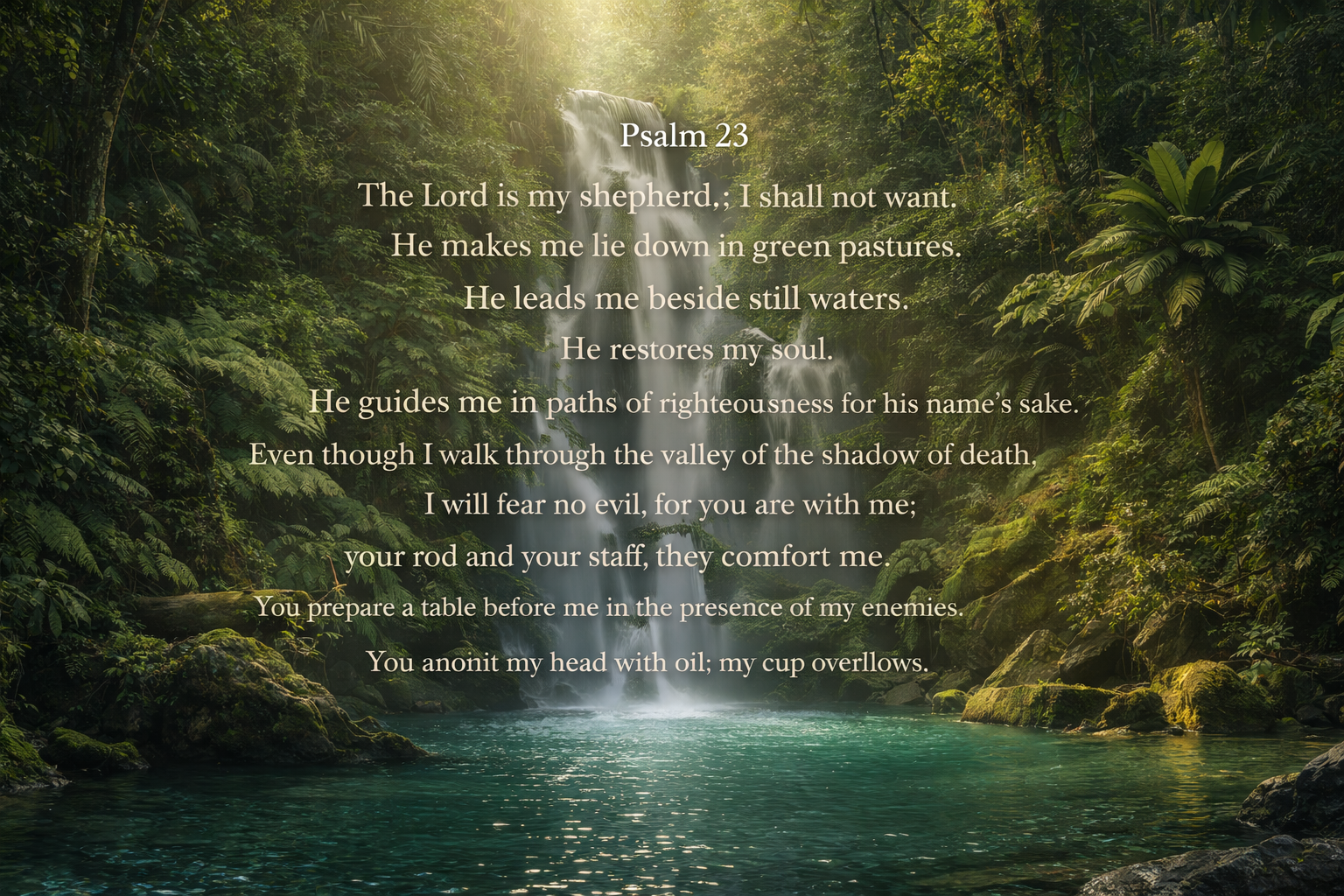 Bible Verse Wallpaper -- Waterfall in Paradise Forest